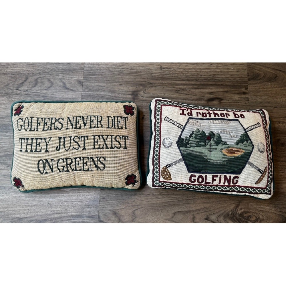 Vintage Golf Needlepoint Pillow Set Funny Cottagecore Decor Cushion Pair 10x8